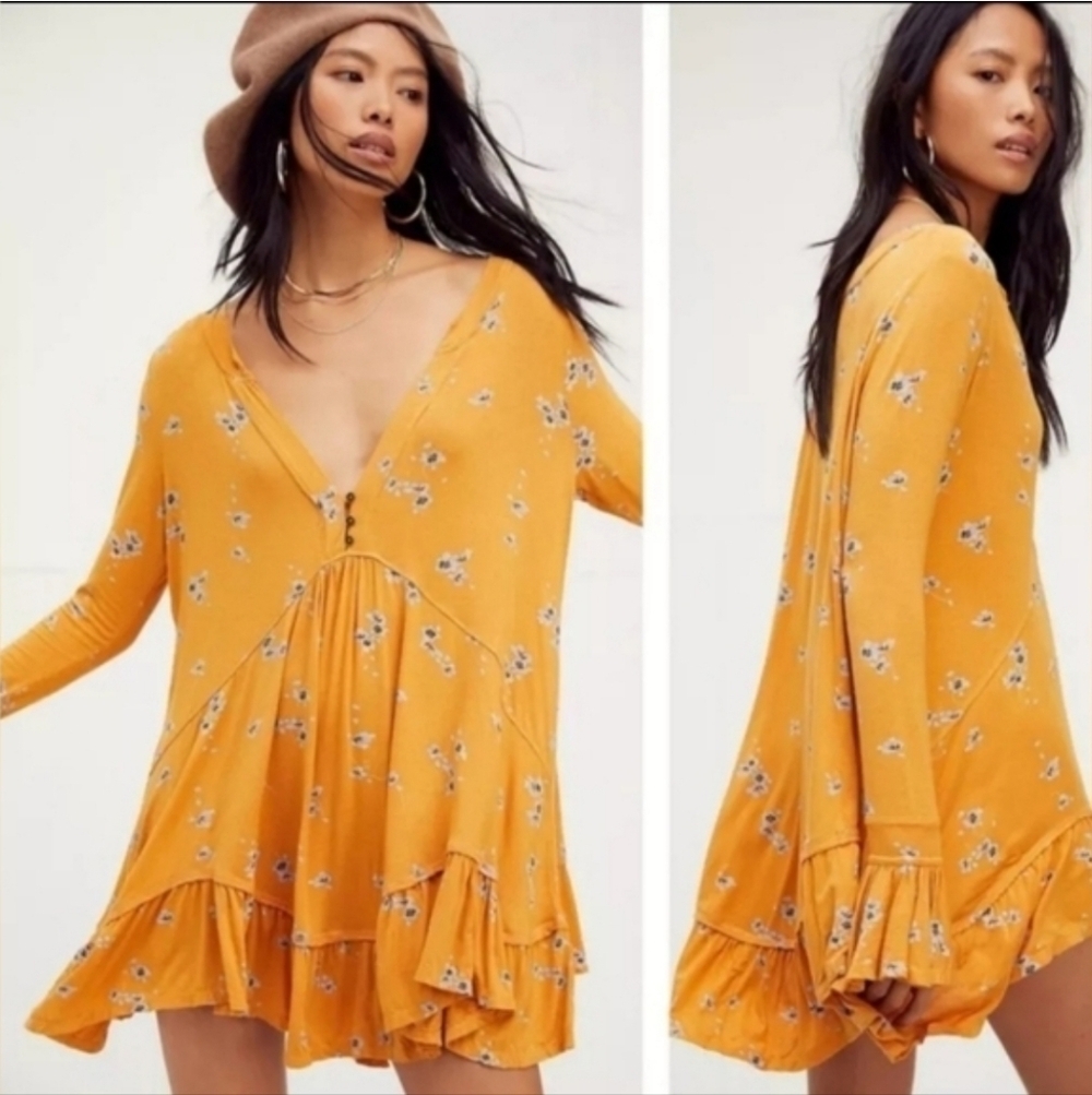 Free People Yellow Olivia Printed Tunic/ Dress Top Sz Small bohemian style